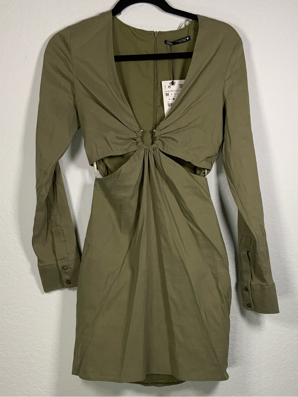🆕 Zara Olive Green Long Sleeve Twist-Cutout Dress
